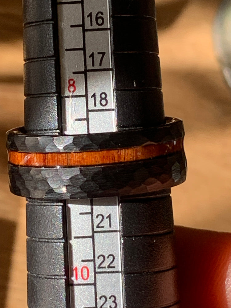 Aloha Tungsten Black Hammered Ring with Hawaiian Koa Wood Inlay – Size 9