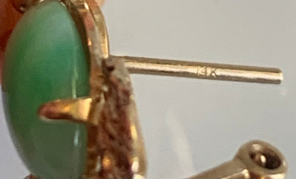 Vintage 14k Gold Jade Cabochon Earrings, A Pair