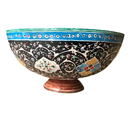 Vintage Hand-Painted Enamel on Copper Bowl with Middle Eastern Figurative Art