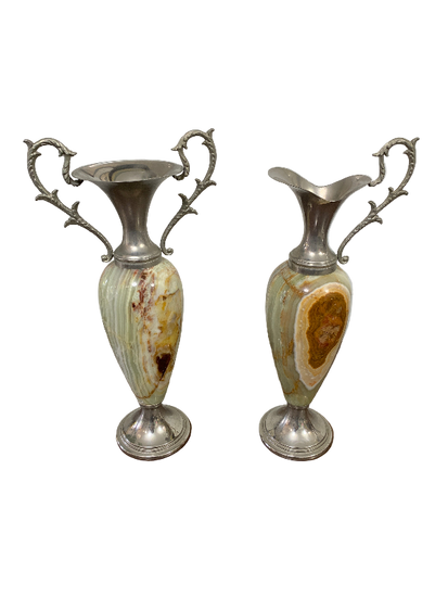 Pair of decorative vases with silver bases and handles 