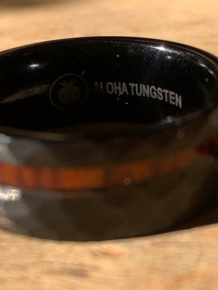 Aloha Tungsten Black Hammered Ring with Hawaiian Koa Wood Inlay – Size 9