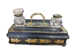 Brass and Lacquered Wood Portable Writing Desk/Box and Inkstand