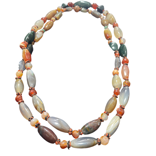 Vintage Polished Agate Stone Necklace Knotted 26 Inch Multicolor Long