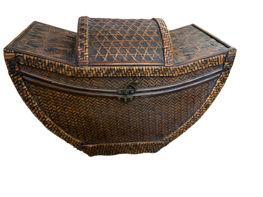Vintage Chinoiserie Rattan Lidded Basket – Woven Storage Chest with Handles