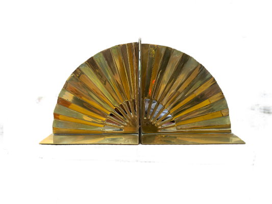 1950s Hollywood Regency Asian Fan Shaped Solid Polished Brass Bookends- Set