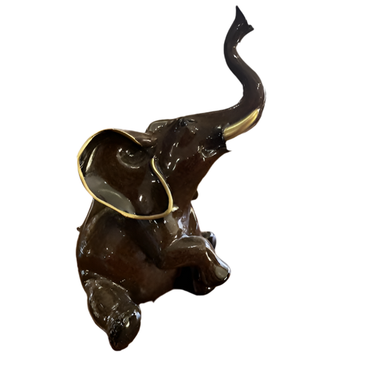 Vintage Brown Ceramic Elephant Figurine with Gold Trim – Good Luck Charm