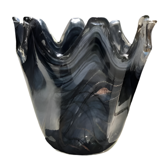 Vintage Murano Art Glass Vase Smokey Gray Black & Gold Sparkle Swirl