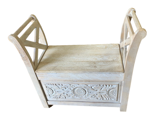 White-Washed Vintage Accent Bench – Rustic Charm with Distressed Finish