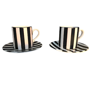 Pair Of Black & White Stripe Tea Cup And Saucer Plate