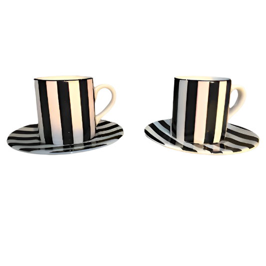 Pair Of Black & White Stripe Tea Cup And Saucer Plate