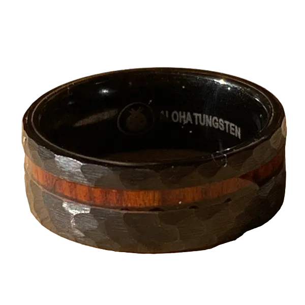 Aloha Tungsten Black Hammered Ring with Hawaiian Koa Wood Inlay – Size 9