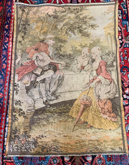 Antique Belgian Romantic Scene Tapestry Wall Hanging