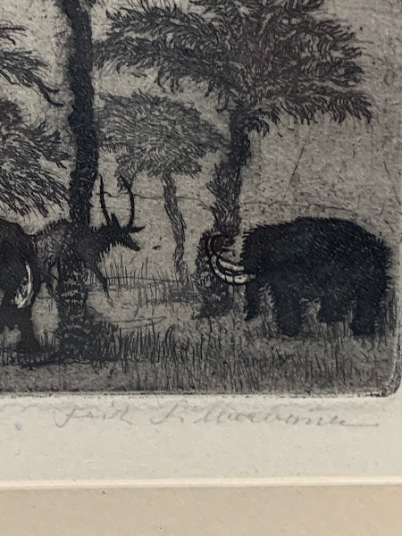 Vintage Fritz Silberbauer Etching of Mammoths – Prehistoric Cave Era Scene 12”