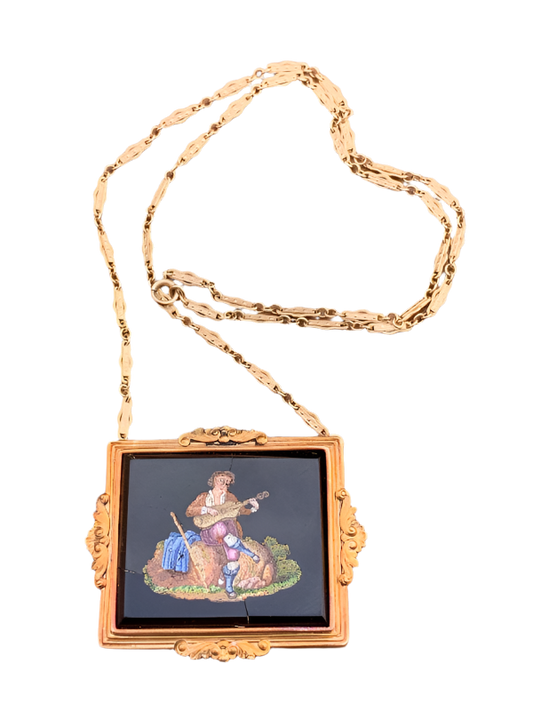 Antique Micro Mosaic Pendant Necklace – 14K Gold Frame
