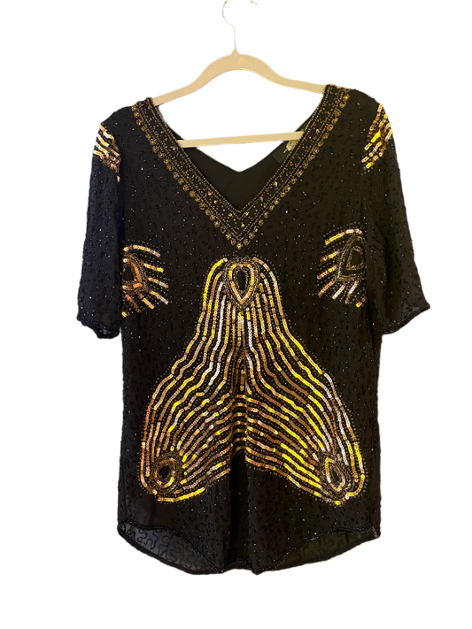 Fair Child Beaded Sequined Black Gold Short Sleeve Top Women's Size Medium