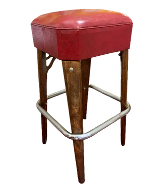 Mid-Century Modern “Moderne Seating Co.” Red Leather Bar Stool – Chrome & Wood
