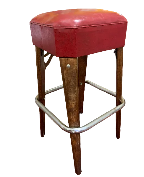 Mid-Century Modern “Moderne Seating Co.” Red Leather Bar Stool – Chrome & Wood