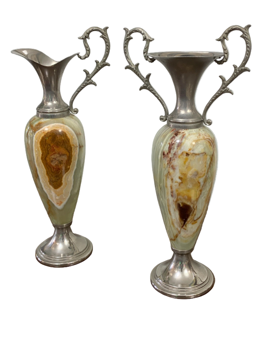 Pair of decorative vases with marbleized design and silver metal handles 