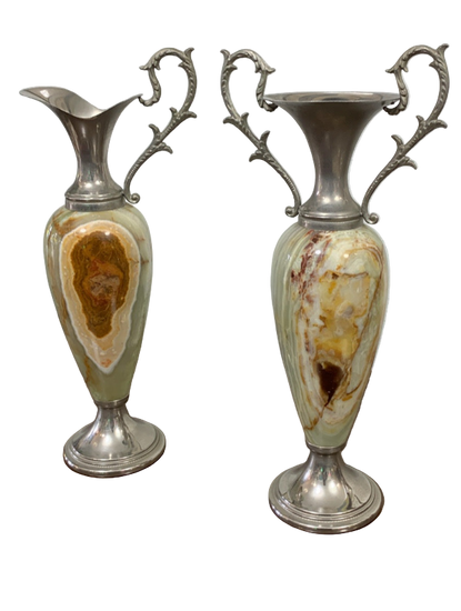 Pair of decorative vases with marbleized design and silver metal handles 