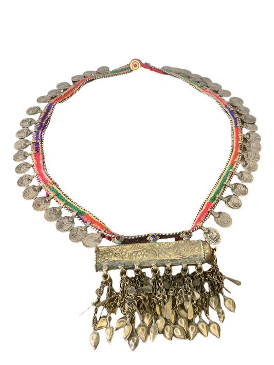 Vintage Kuchi Tribal Belt with Jeweled Pendant and Coin Charms – Pakistan