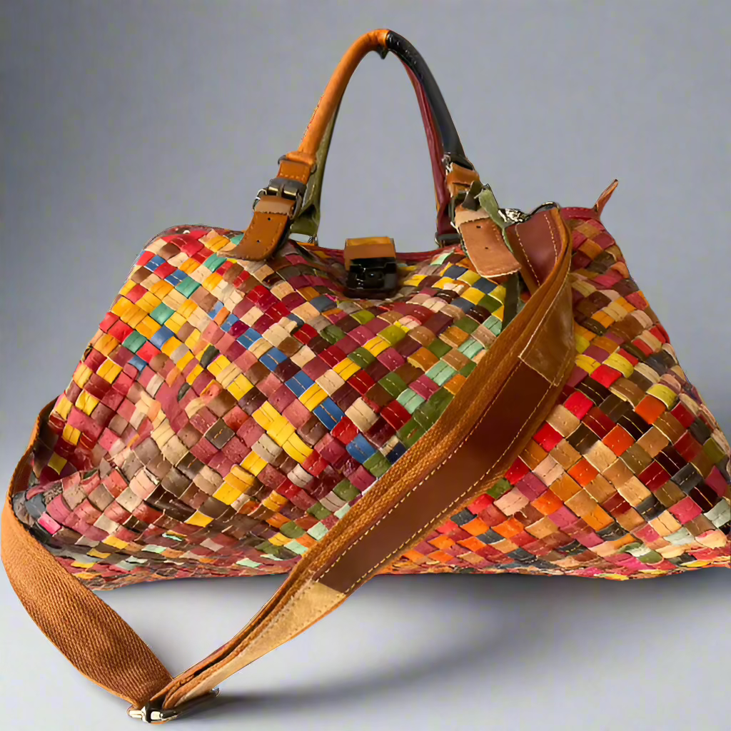 Genuine Leather Multi Colored Basket Weave Handbag