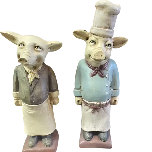 Vintage Pair French Chef Pig Anthropomorphic Resin Figurines Kitchen Decor