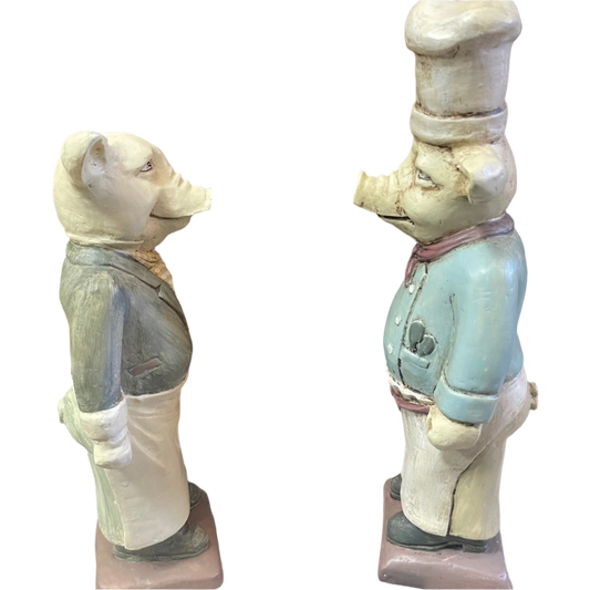 Vintage Pair French Chef Pig Anthropomorphic Resin Figurines Kitchen Decor