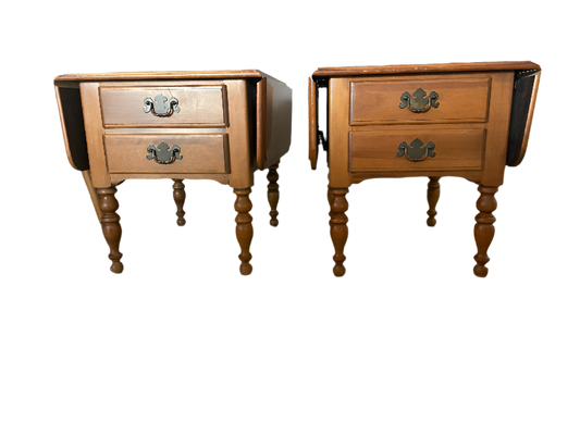 Pair of ETHAN ALLEN Heirloom Nutmeg Maple Drop-Leaf End Tables – Early American Colonial