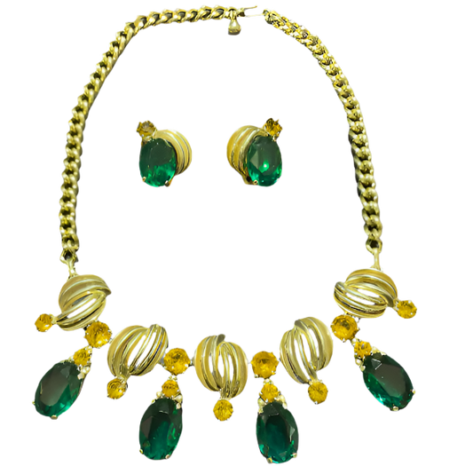 Vintage Schiaparelli Necklace and Earrings Set – Emerald Green and Amber Rhinestones, Signed