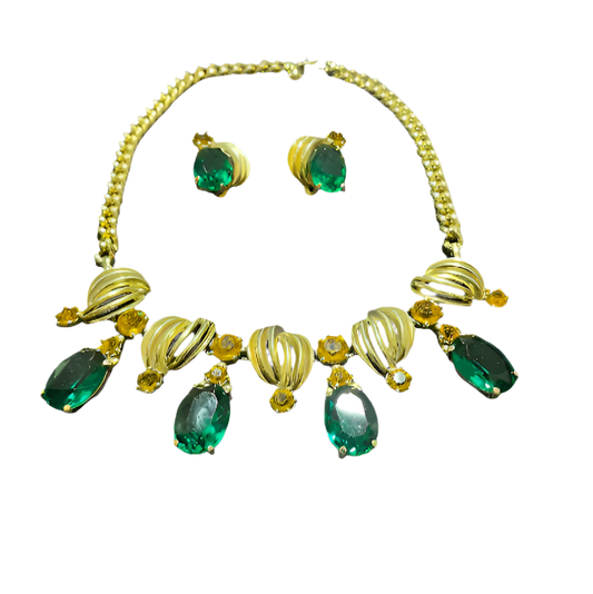 Vintage Schiaparelli Necklace and Earrings Set – Emerald Green and Amber Rhinestones, Signed