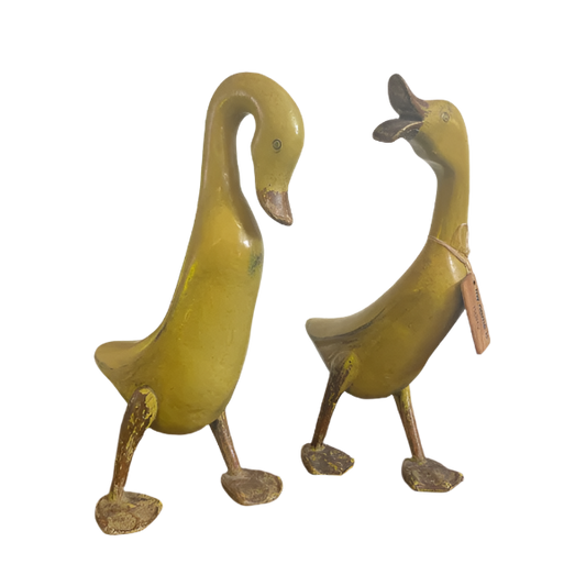 Vintage Hand Carved Artisan Primitive Wood Standing Yellow Ducks