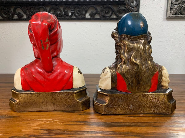 Antique Art Nouveau Dante & Beatrice Figural Bronze Bookends – Heavy Painted Bust Pair