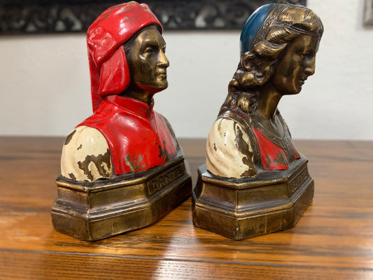 Antique Art Nouveau Dante & Beatrice Figural Bronze Bookends – Heavy Painted Bust Pair
