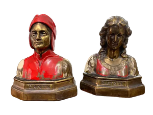 Antique Art Nouveau Dante & Beatrice Figural Bronze Bookends – Heavy Painted Bust Pair