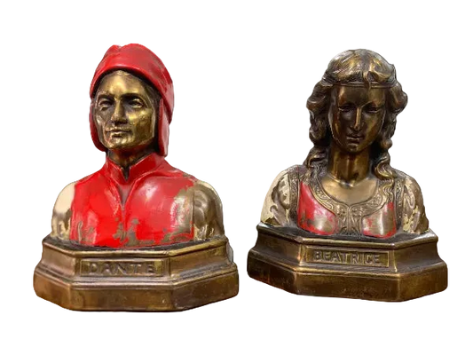 Antique Art Nouveau Dante & Beatrice Figural Bronze Bookends – Heavy Painted Bust Pair