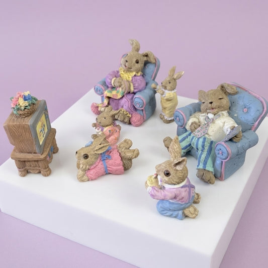 Easter Bunny Rabbit Family Figurine Set 7 Pieces