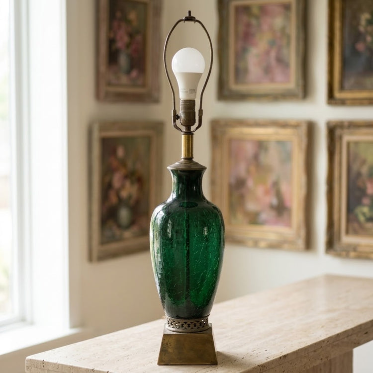 Vintage Green Crackle Glass Table Lamp with Brass Base