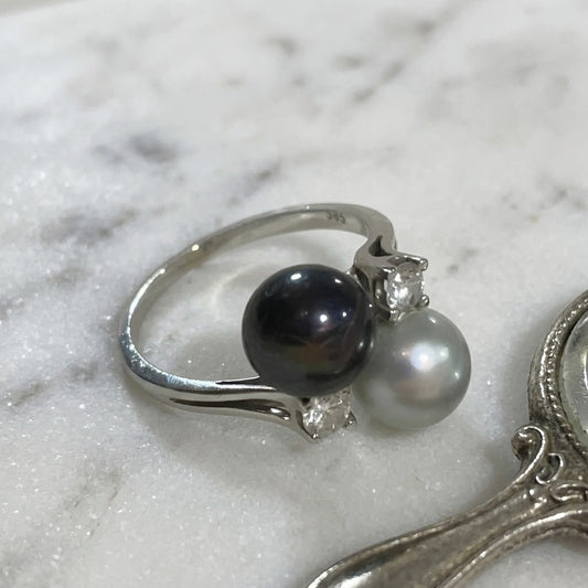 Antique 14k White Gold Ring with Freshwater Pearls and Diamond Accents