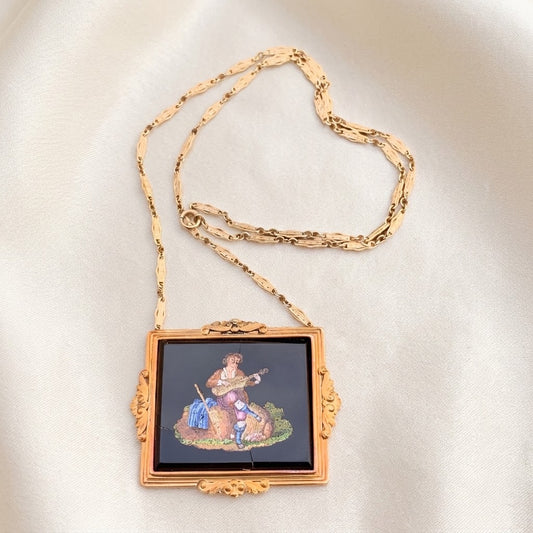 Antique Micro Mosaic Pendant Necklace – 14K Gold Frame
