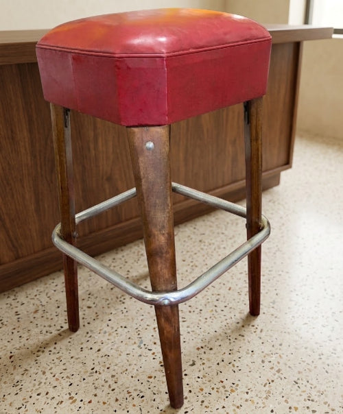 Mid-Century Modern “Moderne Seating Co.” Red Leather Bar Stool – Chrome & Wood