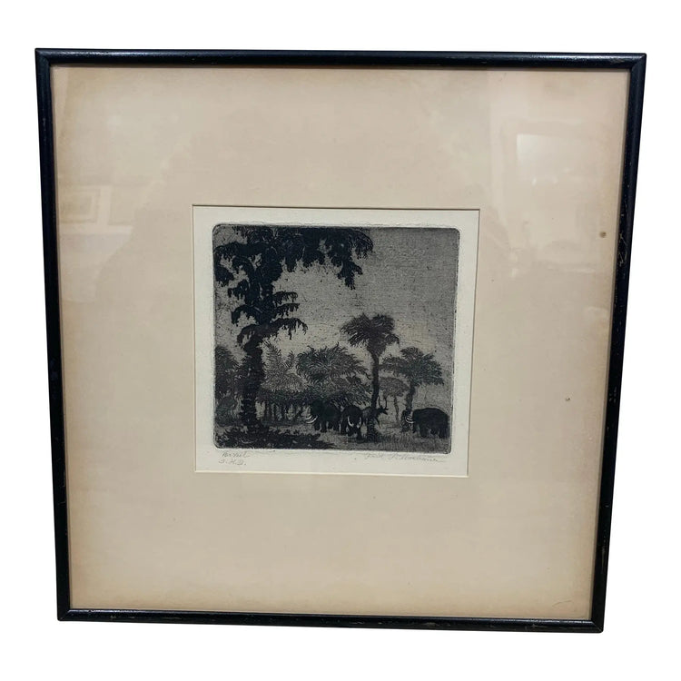 Vintage Fritz Silberbauer Etching of Mammoths – Prehistoric Cave Era Scene 12”