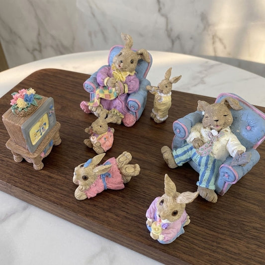 Easter Bunny Rabbit Family Figurine Set 7 Pieces