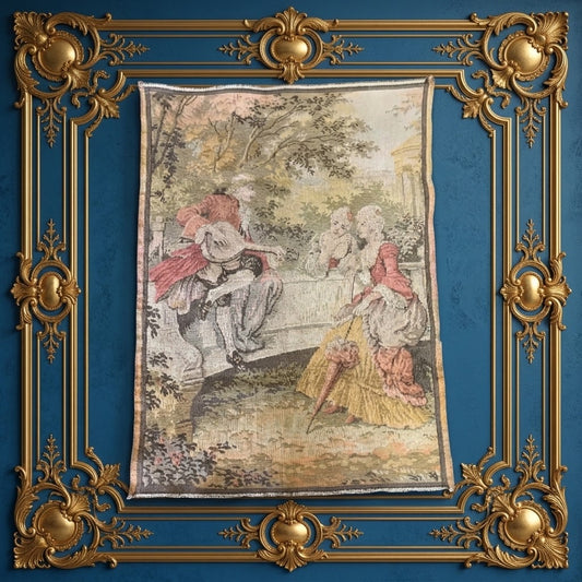 Antique Belgian Romantic Scene Tapestry Wall Hanging