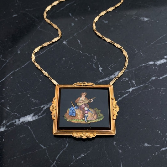Antique Micro Mosaic Pendant Necklace – 14K Gold Frame
