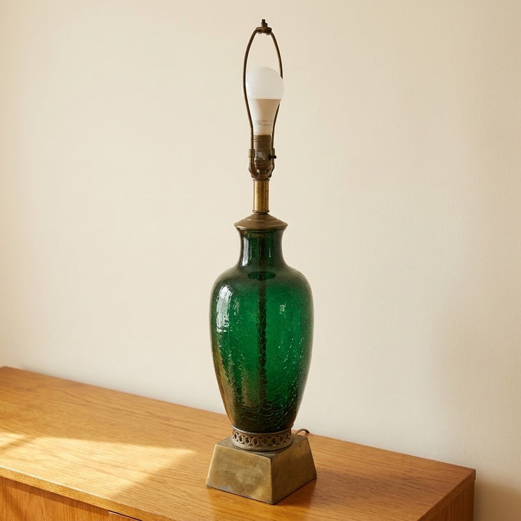 Vintage Green Crackle Glass Table Lamp with Brass Base