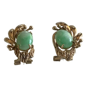 Vintage 14k Gold Jade Cabochon Earrings, A Pair